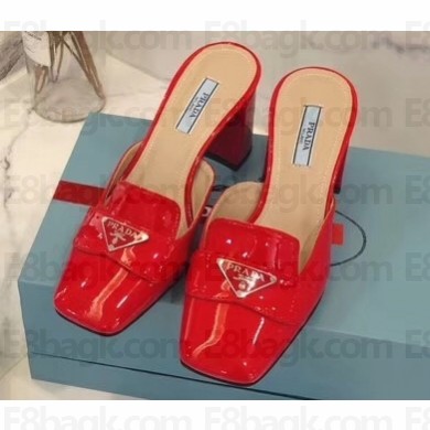Prada Heel 7cm Patent Leather Triangle Logo Mules Patent Red 2020