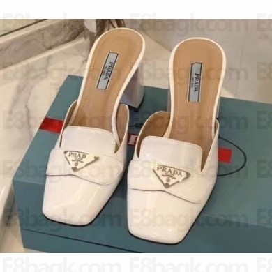 Prada Heel 7cm Patent Leather Triangle Logo Mules Patent White 2020
