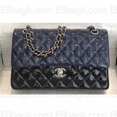 Chanel Bi-color Classic Flap Medium Bag in Patent Calfskin Navy Blue/Black/Silver