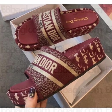 Dior Heel 5.5cm Dway Slides Mules in Oblique Embroidered Cotton Burgundy