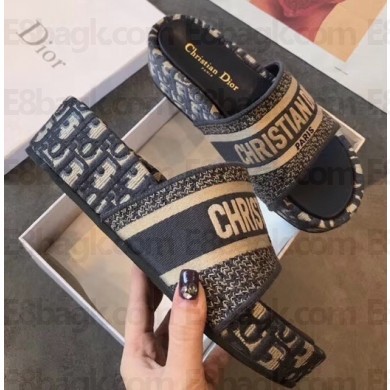 Dior Heel 5.5cm Dway Slides Mules in Oblique Embroidered Cotton Dark Blue