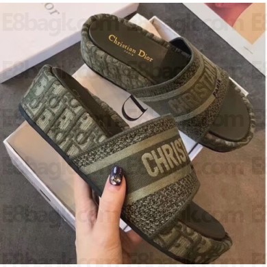 Dior Heel 5.5cm Dway Slides Mules in Oblique Embroidered Cotton Green