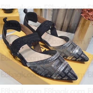 Fendi Colibri Tech Mesh Slingbacks Sabots Flats Rhinestone Embroidery Black/Silver 2020