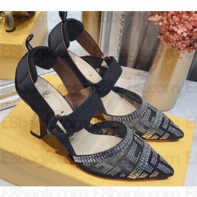 Fendi Heel 8.5cm Colibri Tech Mesh Slingbacks Rhinestone Embroidery Black/Silver 2020