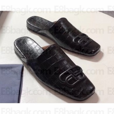 Balenciaga Cosy BB Flat Mules Slides Slippers Croco Pattern Black 2020