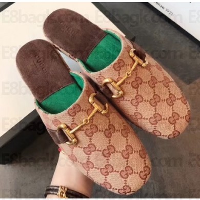 Gucci Horsebit Rounded Toe GG Canvas Slippers Beige 2020