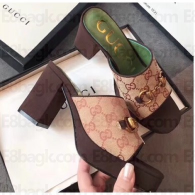 Gucci Mid-heel 8.5cm Platform 3cm Horsebit Slide Sandals GG Canvas 2020