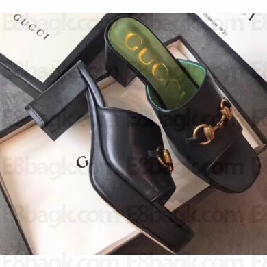 Gucci Mid-heel 8.5cm Platform 3cm Horsebit Slide Sandals Leather Black 2020
