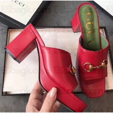 Gucci Mid-heel 8.5cm Platform 3cm Horsebit Slide Sandals Leather Red 2020