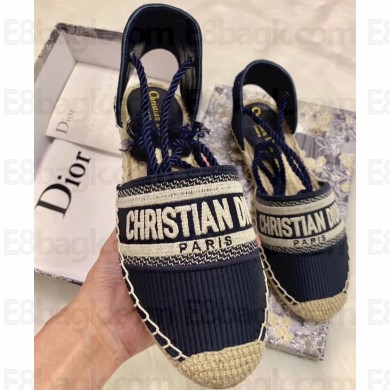 Dior Granville and Embroidered Cotton Lace-up Espadrilles Sandals Dark Blue 2020