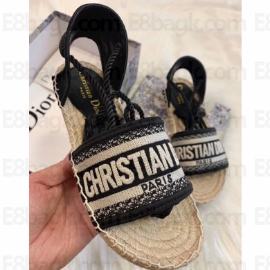 Dior Granville and Embroidered Cotton Lace-up Espadrilles Flat Sandals Black 2020