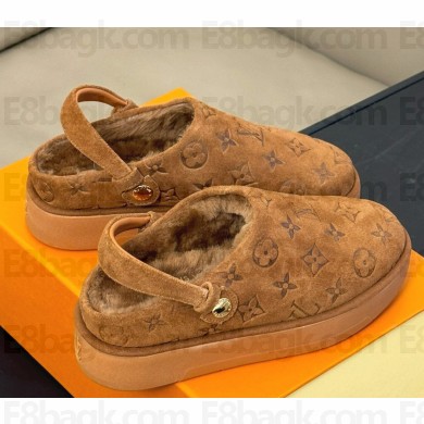 Louis vuitton Aspen Platform Clog Monogram-debossed suede calf leather and shearling Brown 2024