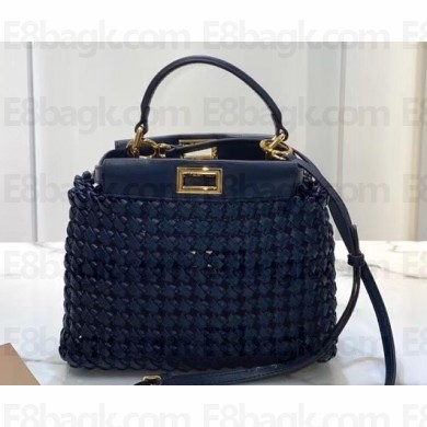 Fendi Leather Peekaboo Iconic Mini Interlace Bag Blue 2020