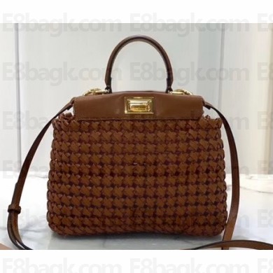 Fendi Leather Peekaboo Iconic Mini Interlace Bag Brown 2020