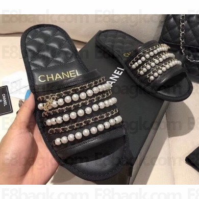 Chanel Chain and Pearl Mules Slipper Sandals Black 2020