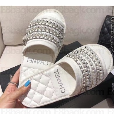 Chanel Chain and Pearl Mules Slipper Sandals White 2020