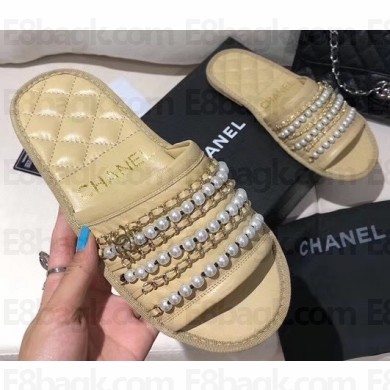 Chanel Chain and Pearl Mules Slipper Sandals Beige 2020