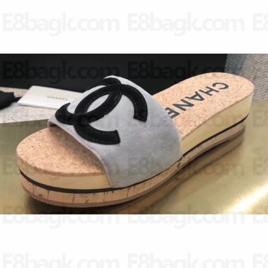 Chanel CC Logo Mules Slipper Sandals Gray Runway 2020