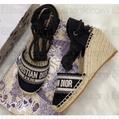 Dior Granville Embroidered Cotton Wedge Lace-up Espadrilles Black 2020
