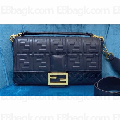 Fendi Embossed FF Motif Nappa Leather Large Baguette Bag Dark Blue 2020