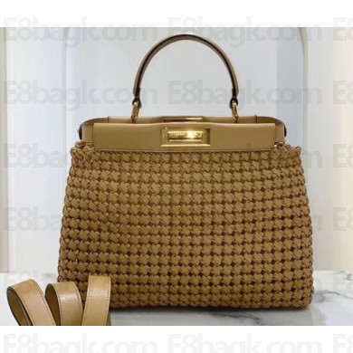 Fendi Leather Peekaboo Iconic Medium Interlace Bag Apricot 2020
