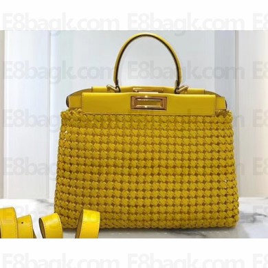Fendi Leather Peekaboo Iconic Medium Interlace Bag Yellow 2020