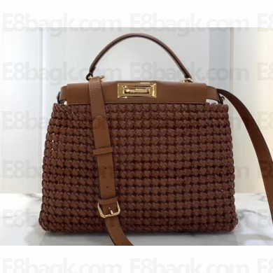 Fendi Leather Peekaboo Iconic Medium Interlace Bag Brown 2020