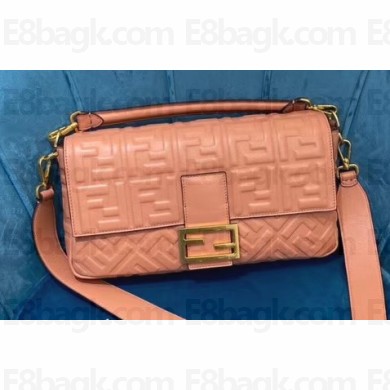 Fendi Embossed FF Motif Nappa Leather Large Baguette Bag Lobster Pink 2020