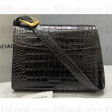 Balenciaga Ghost Medium Shoulder Bag Crocodile Embossed Calfskin Black 2020