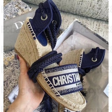 Dior Granville Embroidered Cotton Wedge Lace-up Espadrilles Sandals Blue 2020