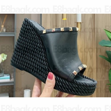 Valentino Heel 12cm Platform 2.5cm Rockstud Calfskin Wedge Mules Black 2020