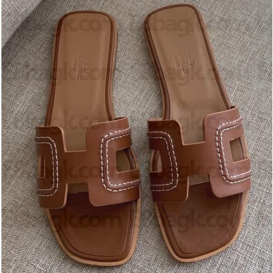 Hermes Oran Flat Slipper Sandals Brown/Stitching 2020