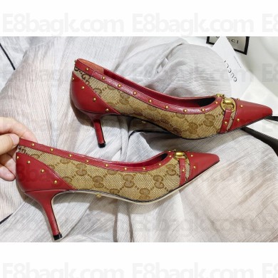 Gucci Heel 6.5cm Studded GG Canvas/Leather Pumps Red with Horsebit