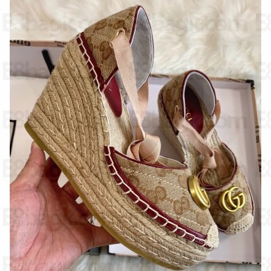 Gucci GG Matelassé Canvas Platform Espadrilles Sandals Beige/Burgundy 2020