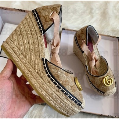 Gucci GG Matelassé Canvas Platform Espadrilles Sandals Beige/Black 2020