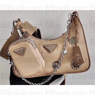 Prada Re-Edition 2005 Nylon Shoulder Hobo Bag 1BH204 Mirror Patches Beige 2020