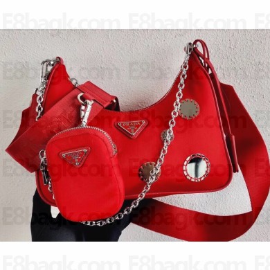 Prada Re-Edition 2005 Nylon Shoulder Hobo Bag 1BH204 Mirror Patches Red 2020
