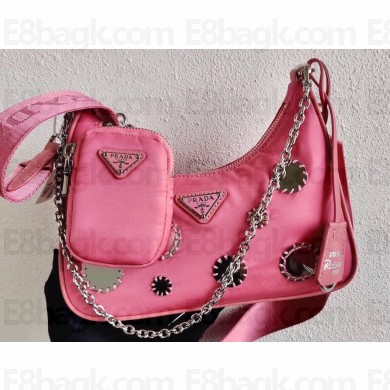 Prada Re-Edition 2005 Nylon Shoulder Hobo Bag 1BH204 Mirror Patches Pink 2020