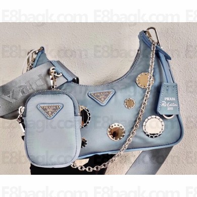 Prada Re-Edition 2005 Nylon Shoulder Hobo Bag 1BH204 Mirror Patches Dusty Blue 2020