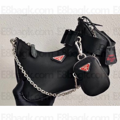 Prada Re-Edition 2005 Nylon Shoulder Hobo Bag 1BH204 Black/Red Logo 2020