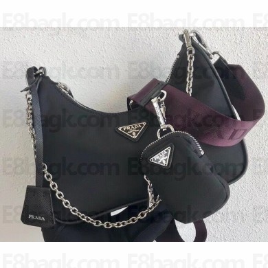 Prada Re-Edition 2005 Nylon Shoulder Hobo Bag 1BH204 Black/Purple 2020