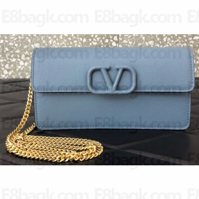 Valentino VSLING Grainy Calfskin Wallet with Chain Strap Bag Blue 2020