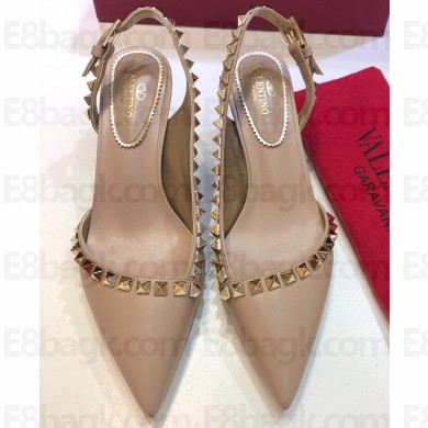 Valentino Heel 6.5cm Rockstud Slingback Pumps Sandals Nude