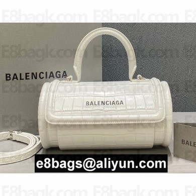 Balenciaga Round Top Handle Bag in Crocodile Embossed Calfskin White 2020
