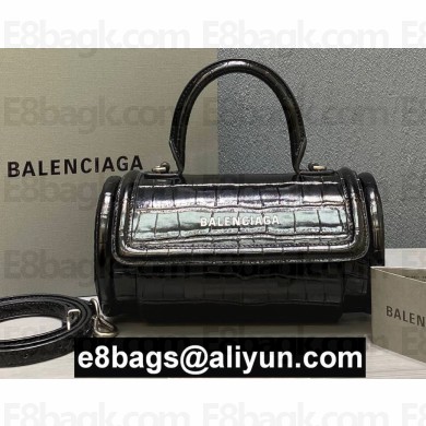 Balenciaga Round Top Handle Bag in Crocodile Embossed Calfskin Black 2020
