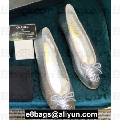 Chanel Classic Bow Ballerinas Flats Leather Silver