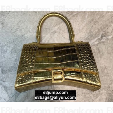 Balenciaga Hourglass Small Top Handle Bag in Crocodile Embossed Calfskin Gold