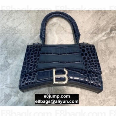 Balenciaga Hourglass XS Top Handle Bag in Crocodile Embossed Calfskin Blue/Silver