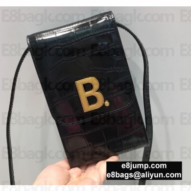 Balenciaga B. Phone Holder Bag in Crocodile Embossed Calfskin Black