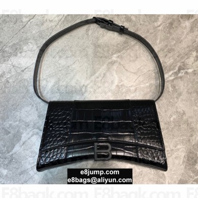 Balenciaga Hourglass Sling Bag Shoulder Bag Crocodile Embossed Calfskin Black